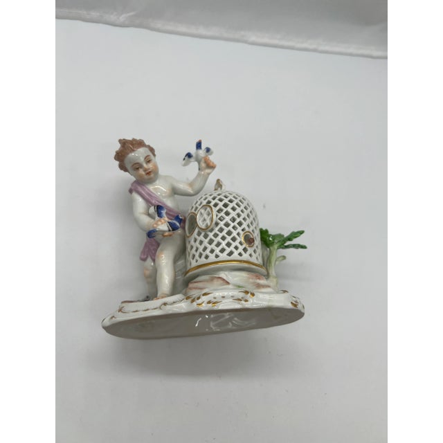 Green Antique Meissen Porcelain Boy & the Bird Cage Figure Model For Sale - Image 8 of 9