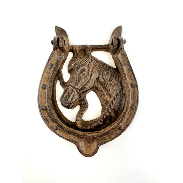 Rustic European Vintage Cast Iron Horse Head Horseshoe Door Knocker Rustic Equestrian For Sale - Image 3 of 9