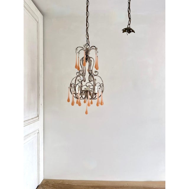 Venetian Style Beaded Brass Chandelier with Pink Murano Glass Drops, Italy, 1950s For Sale - Image 18 of 18