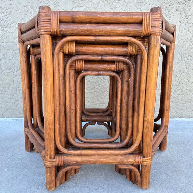 Boho Chic Vintage 1970s Rattan & Woven Wicker Nesting Hexagon Shaped Tables Set of 3 For Sale - Image 3 of 12