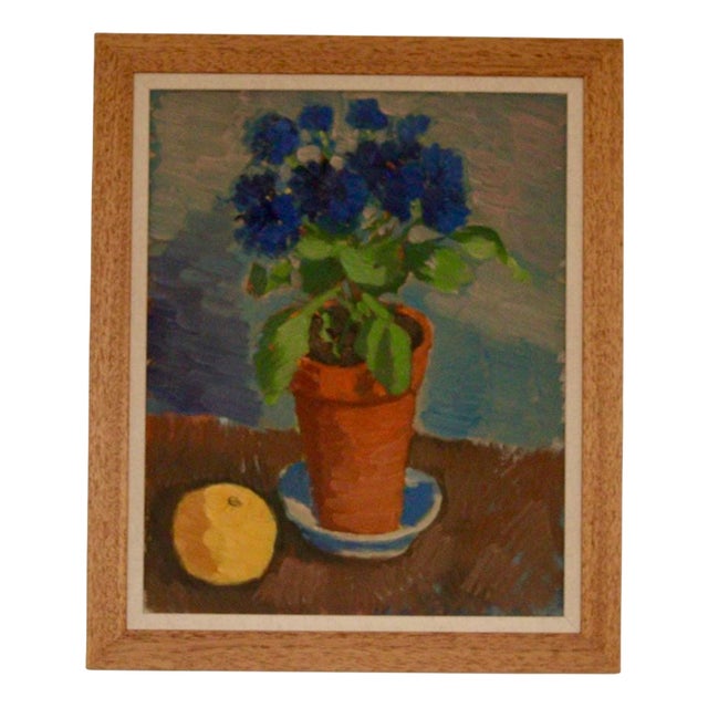 Olax, Blue Flower and Citrus, 1950s, Oil on Panel, Framed For Sale
