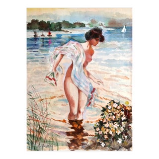 Lady Bathing, Erik Freyman Watercolor With Pastel on Paper, Signed in Pen For Sale