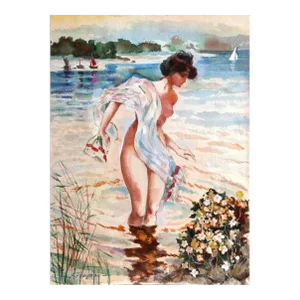 Lady Bathing, Erik Freyman Watercolor With Pastel on Paper, Signed in Pen