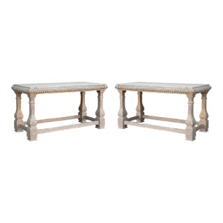 Baker Furniture Rustic French Style Cerused Marble Top Console Tables - Pair For Sale