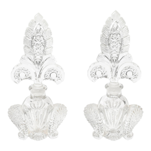Pair of Art Deco Pressed Glass Perfume Holders W/ Fleur De Lis Stoppers