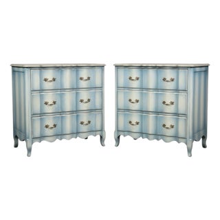 Mid-Century French Louis XV Style Chests / Commodes W/ Custom Blue Paint - Pair For Sale