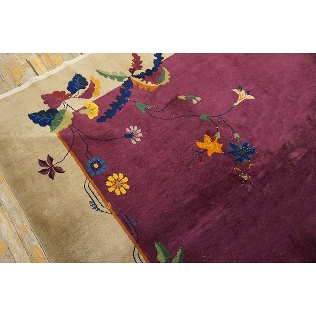 Textile 1920s Purple Floral Vase Modern Antique Chinese Knotted Art Deco Room Size Rug For Sale - Image 7 of 9