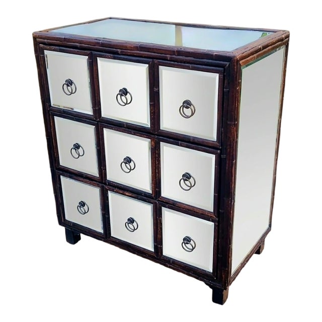 Vintage Mirrored Dark Stained Bamboo 3 Drawer Dorothy Draper Style Chest of Drawers For Sale