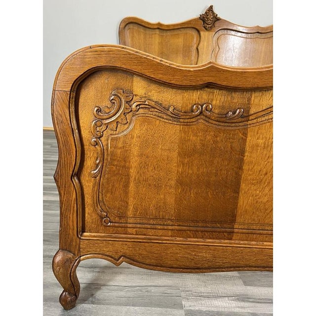Vintage French Louis XVI Oak Double Bed Frame with Carved Headboard For Sale - Image 5 of 12