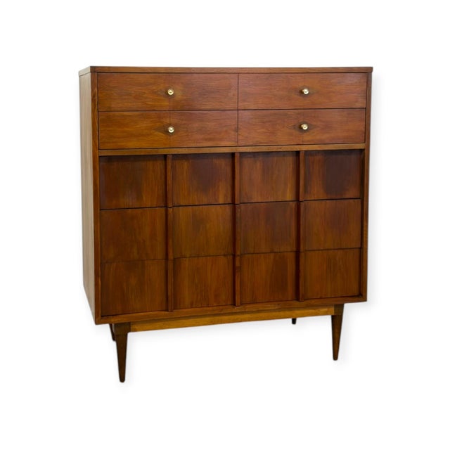 1970s Vintage Mid-Century Modern Highboy Dresser Dovetailed Drawers Brass Finished Pulls. For Sale - Image 5 of 12