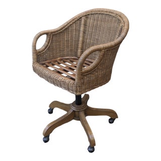 Pottery Barn Wingate Woven Rattan Boho Chic Coastal Swivel Desk Chair For Sale