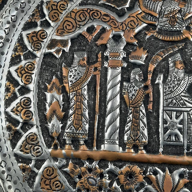 Persian Qalam Zani Chiseled Silvered Copper Wall Plate Art, 1900s For Sale - Image 4 of 13