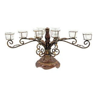 Vintage 8-Piece Centerpiece Metal Candelabra Candle Holder With Glass For Sale