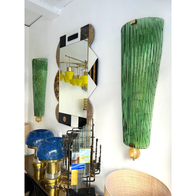 Large Contemporary Pair of Brass and Green Gold Leaf Murano Glass Sconces, Italy For Sale - Image 9 of 12