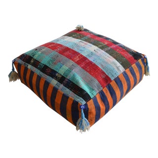1970s Turkish Hand Woven Floor Cushion Cover Ottoman Beanbag Seat- 28″ X 28″ For Sale