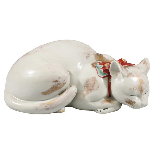 Large Antique Japanese Kutani Porcelain Sleeping Cat Sculpture For Sale - Image 5 of 5