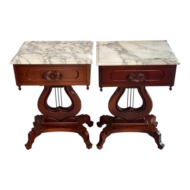 Mid 19th Century Victorian Mahogany Marble Top Harp Lyre End Tables