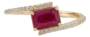 1.25ct Emerald Cut Prong Set Red Ruby Diamond Bypass Ring Size 4 in 14k Gold