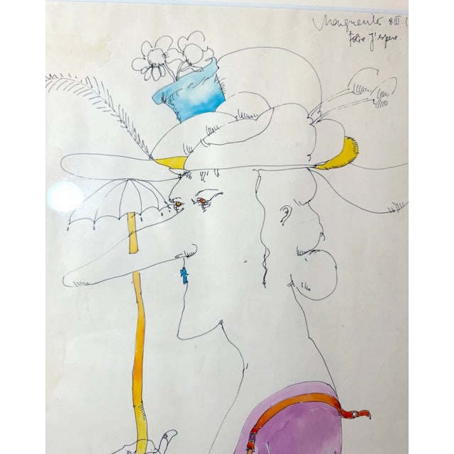 Vintage French Whimsical Elder Lady With Hat Mixed Media Drawing Sketch Art For Sale In New York - Image 6 of 15