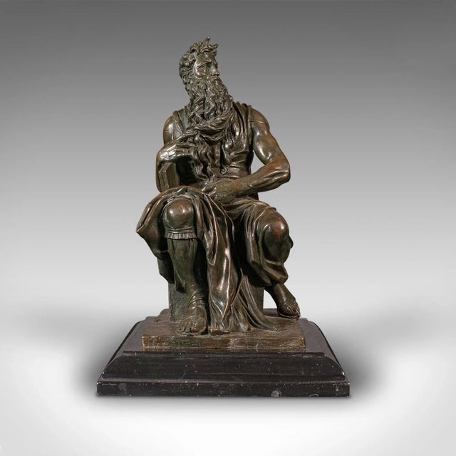 This is a vintage decorative figure of Moses. An English, bronze and marble statue after Michelangelo, dating to the mid...