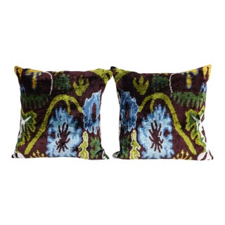 Silk Ikat Brown, Blue, and Green Floral Design Velvet Pillow Cover - Set of Two For Sale