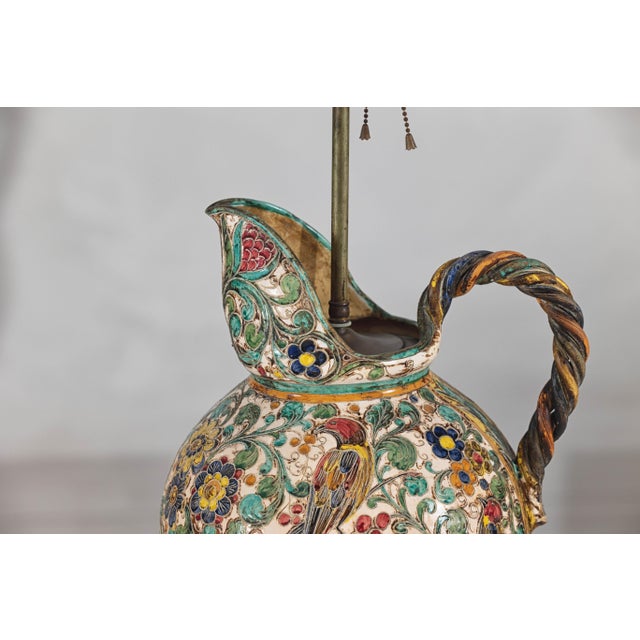 Mid-Century Modern Mid 20th Century Majolica-Style Mid-Century Modern Ceramic Table Lamp with Birds and Floral Motifs For Sale - Image 3 of 12