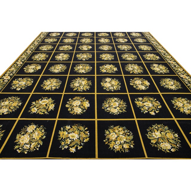 Black Vintage Handcrafted French Aubusson Wool Rug in Black With Floral Pattern For Sale - Image 8 of 11