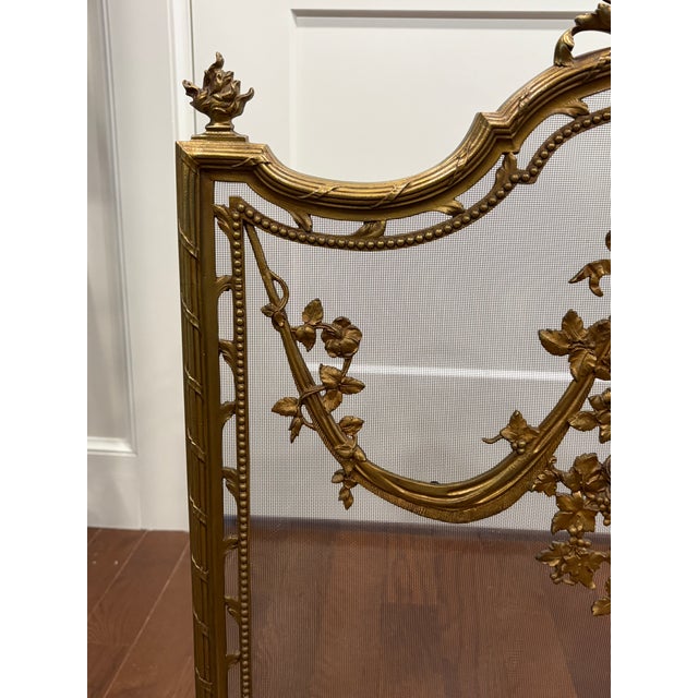 Brass Late 19th Century French Louis XVI Brass Fireplace Screen W. Mesh Panel and Floral Details For Sale - Image 8 of 18