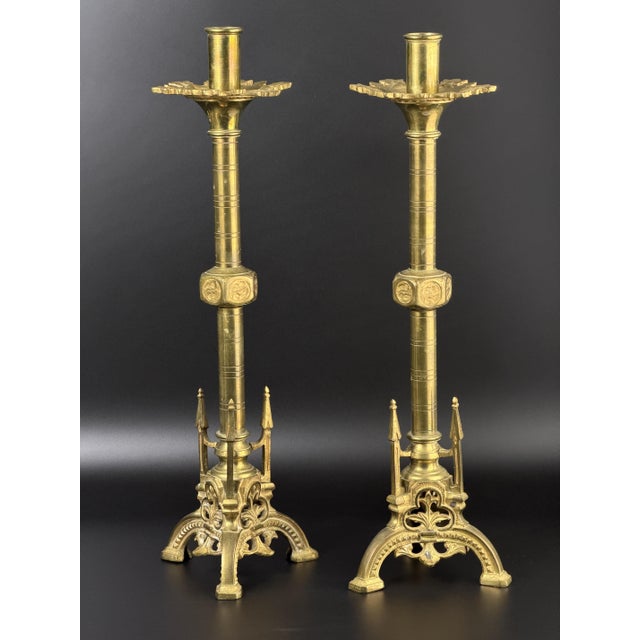 Antique Gothic Revival Church Candlesticks in Bronze, 1860s, Set of 2 For Sale - Image 6 of 7