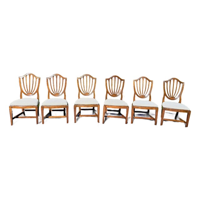 1970s Ethan Allen Mahogany Hepplewhite Shield Back Dining Chairs in Knoll Fabric - Set of 6 For Sale