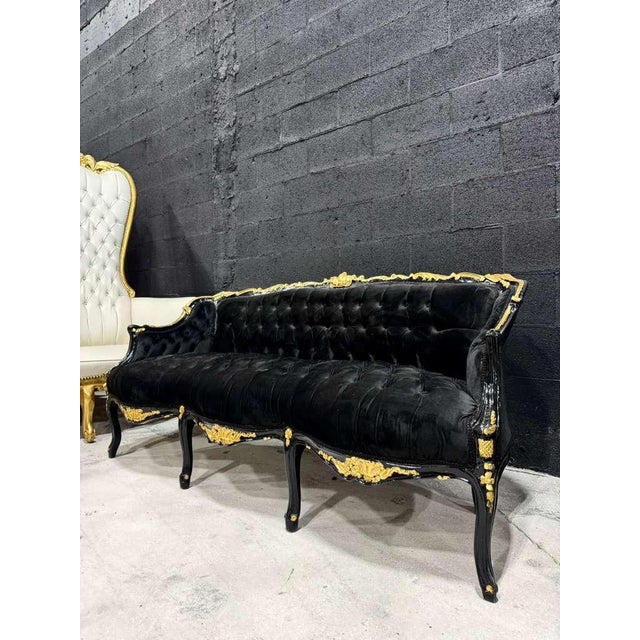 Textile Gothic Black Velvet Sofa With Hand-Applied Gold Leaf Frame For Sale - Image 7 of 9