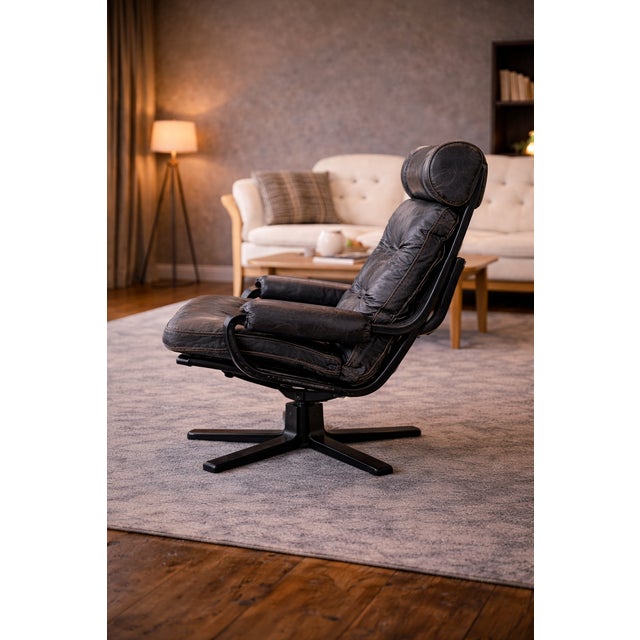 1980s Mid-Century Modern Black Leather, Metal and Wood Spinning Armchairs, 1980s, Set of 2 For Sale - Image 5 of 7