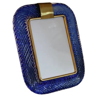 Saphir Blue Twisted Murano Glass and Brass Photo Frame by Barovier E Toso For Sale