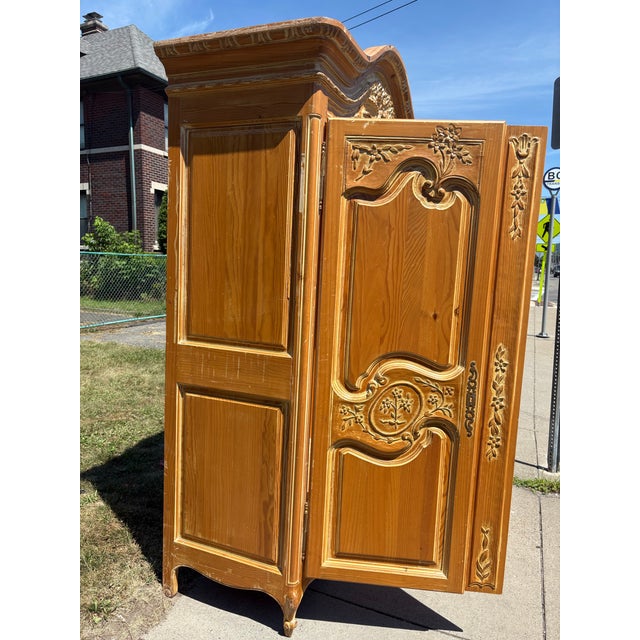 Rustic Scrubbed Pine Hand Carved French Country Armoire For Sale - Image 4 of 12