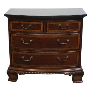 Universal Furniture Mahogany Biedermeier Traditional Victorian Style 34" Bowfront Four Drawer Nightstand Chest W. Granite Top 609351 For Sale