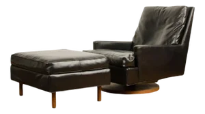 Mid-Century Black Leather Reclining Lounge Chair with Ottoman Designed by Milo Baughman for James Inc Articulate Seating