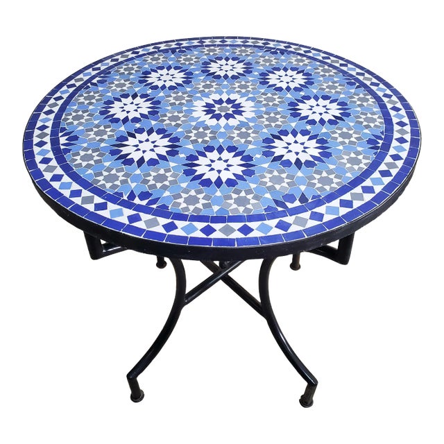 27" Shades of Blue and White Ankboutia Pattern Moroccan Mosaic Table - 2 Pieces For Sale