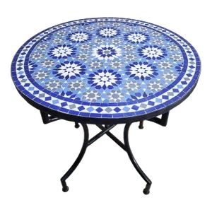 27" Shades of Blue and White Ankboutia Pattern Moroccan Mosaic Table - 2 Pieces