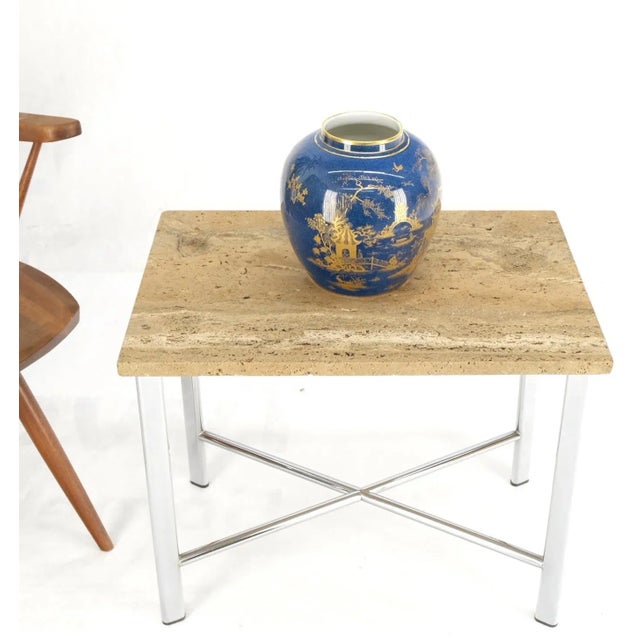 Harvey Probber Chrome X Base Travertine Top Mid-Century Modern Rectangle Side End Table Stand For Sale - Image 4 of 13