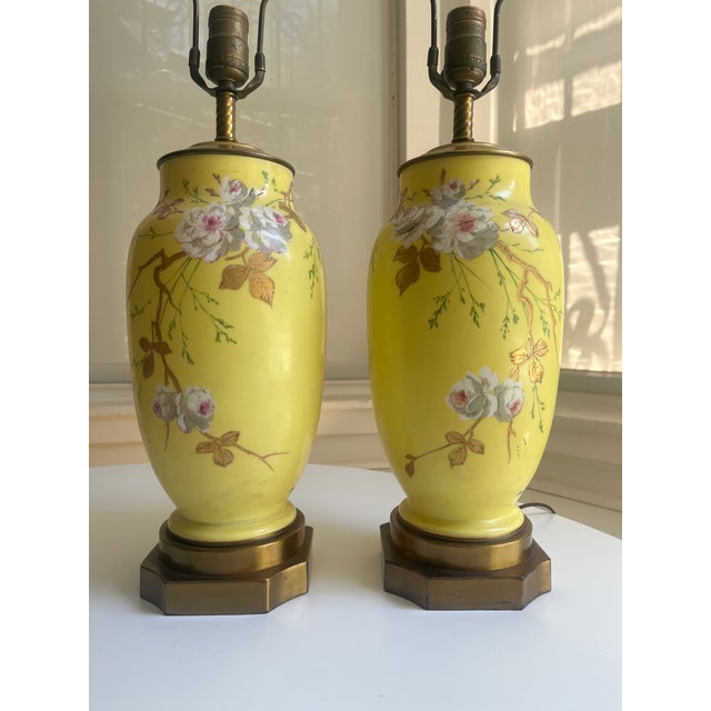 Mid 20th Century Baccarat Style Yellow Opaline Glass Japonisme Lamps, Signed Baccarat - a Pair For Sale - Image 4 of 18