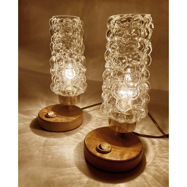 Pair of 60s table lamps, wood with brass trim, bubble glass shades Dimensions Height 24 cm / 9.44 in Diameter 11 cm / 4.33...