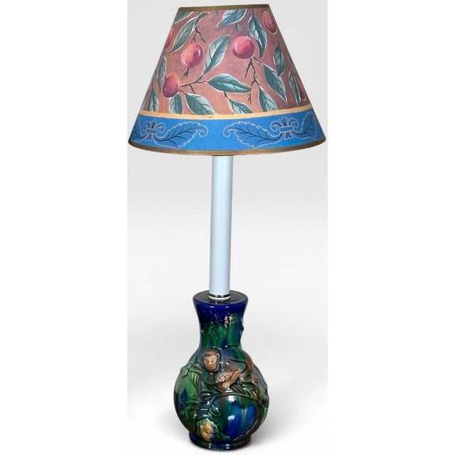 Late 20th Century Vintage Majolica Style Glazed Ceramic Monkey Table Lamps - A Pair For Sale - Image 5 of 15