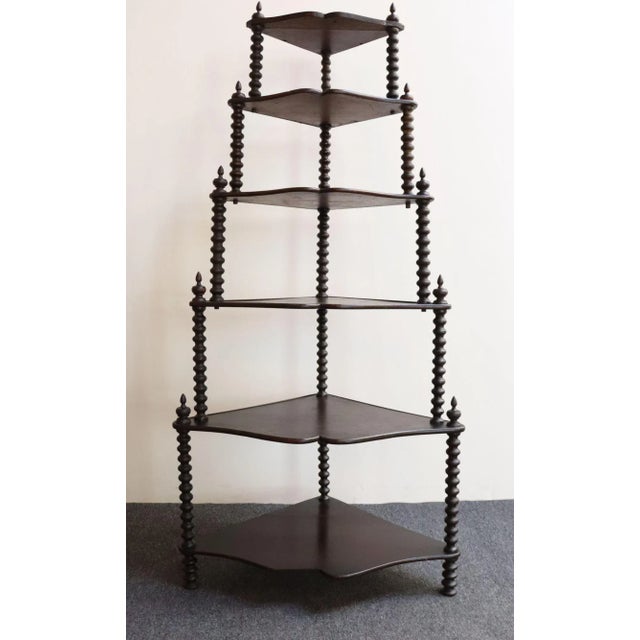 Antique French Six-Tier Stained Mahogany Spool Form Corner Shelf / Etagere For Sale - Image 4 of 18