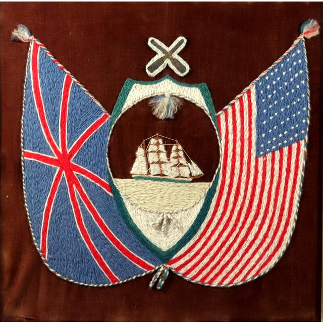 Sailor's Woolworks, Rare Square Pair on Velvet With Union Jack, Stars and Stripes and Royal Navy Ensigns For Sale - Image 10 of 13