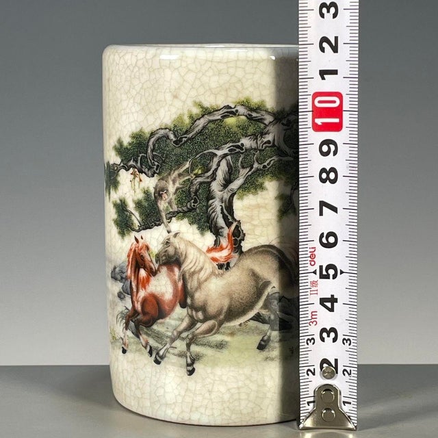 Late 20th Century Crackle Glaze Porcelain Brush Pot With Horse & Pine Motif For Sale - Image 5 of 9
