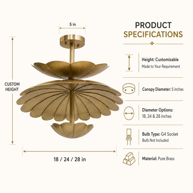 Handmade Brass Lotus Flush Mount Ceiling Light, Antique Floral Fixture For Sale - Image 4 of 12