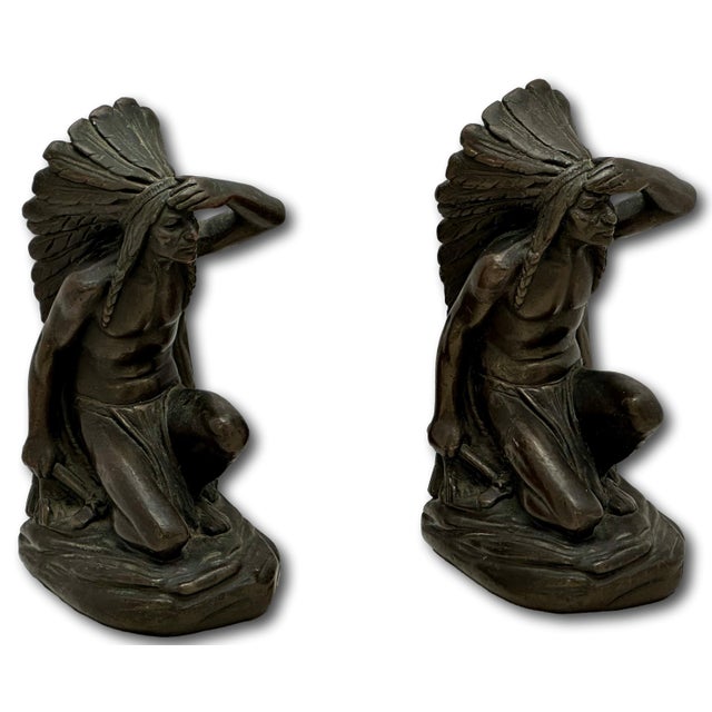 Oxblood Red Large & Unusual Antique Native American Indian Motif Bronze Clad Bookends Signed Ruhl - Circa 1910s For Sale - Image 8 of 18