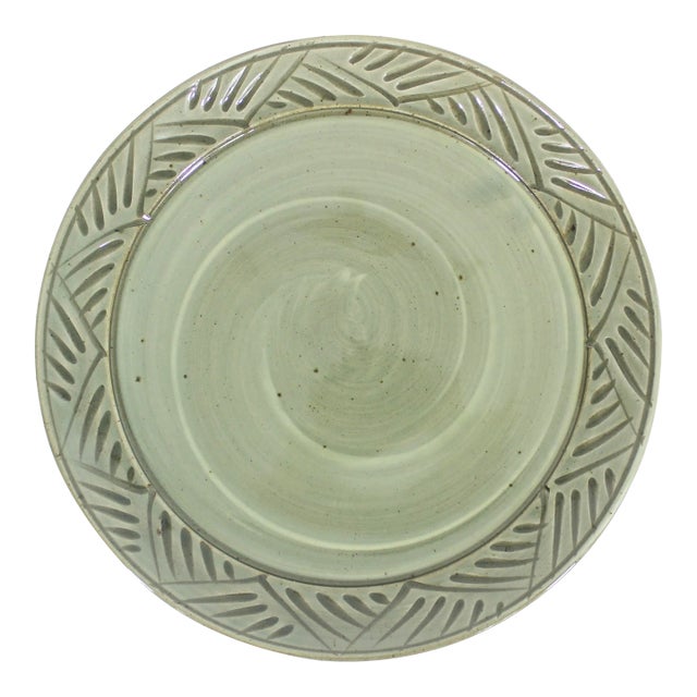 Vintage Large Green Studio Pottery Platter, Signed For Sale