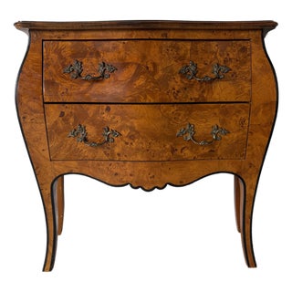 Vintage Italian Burlwood Bombe Commode With Inlaid Detail For Sale