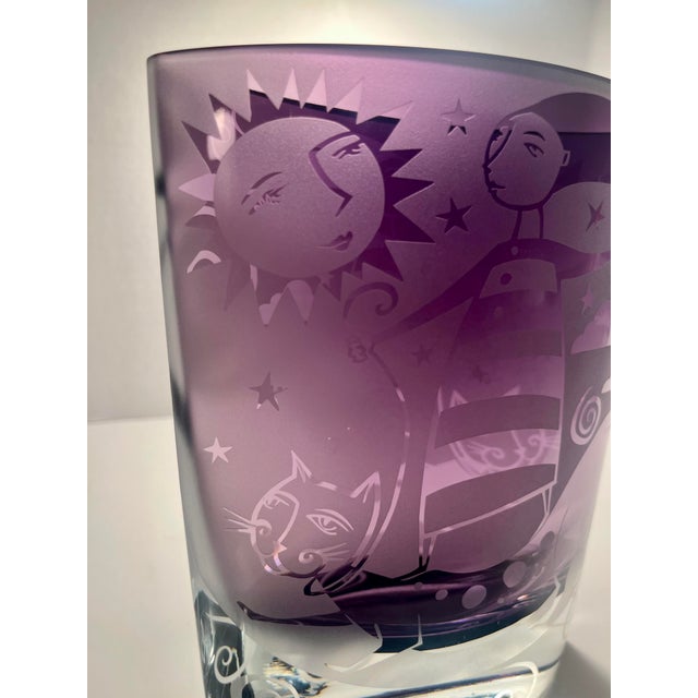 Contemporary 2003 Leandra Drumm Amethyst Etched Art Glass Girl & Cat Vase Signed 8″ For Sale - Image 3 of 11